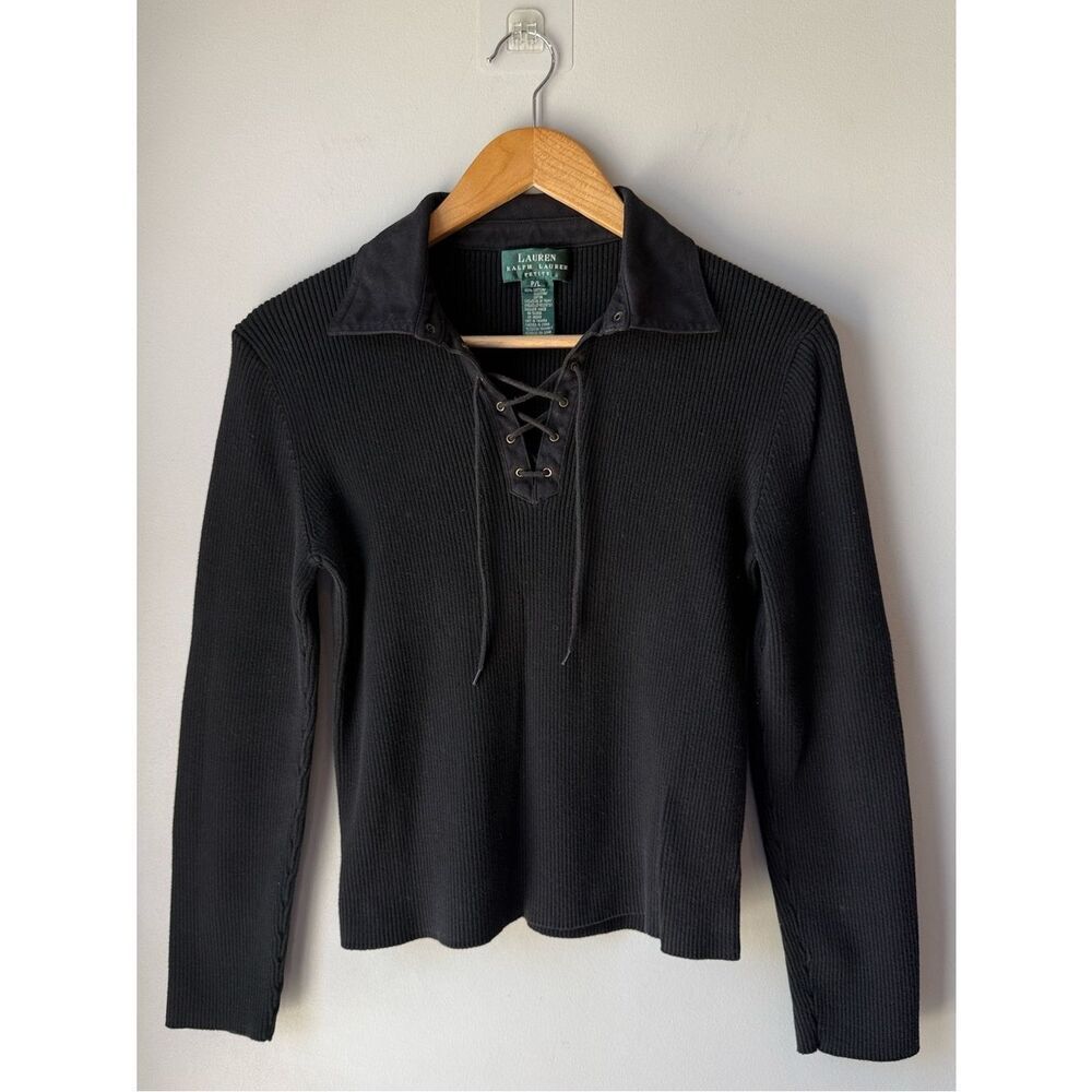 Vintage Lauren Ralph Lauren Black Ribbed Lace Up Collared Long Sleeve Top